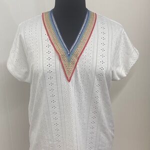 Cupshe Rainbow Lace Trim Eyelet Top White Short Sleeve V-Neck Blouse Size XL